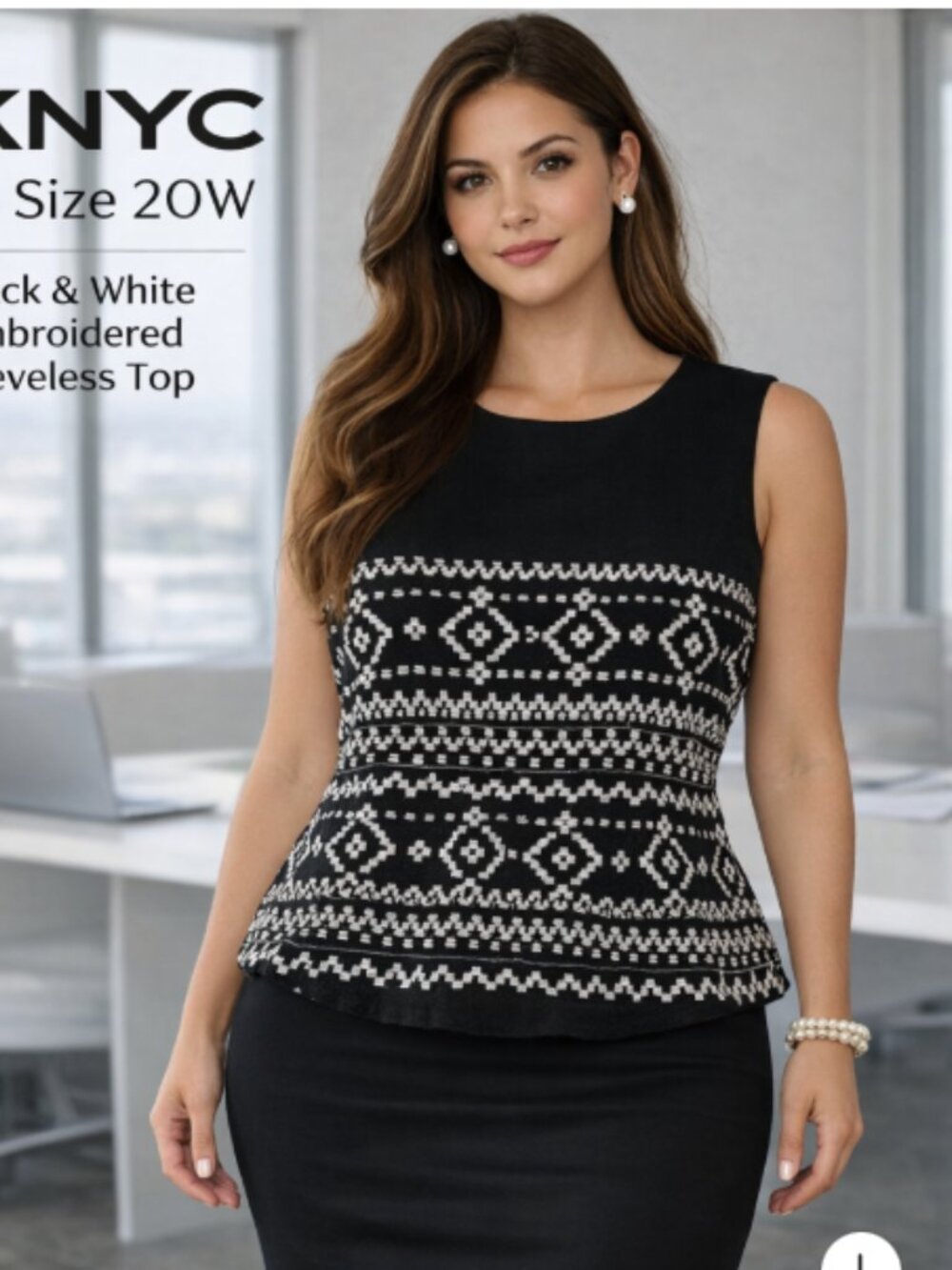 DKNYC 20W Black & White Sleeveless Blouse Embroidered Peplum Hem Boho Festival